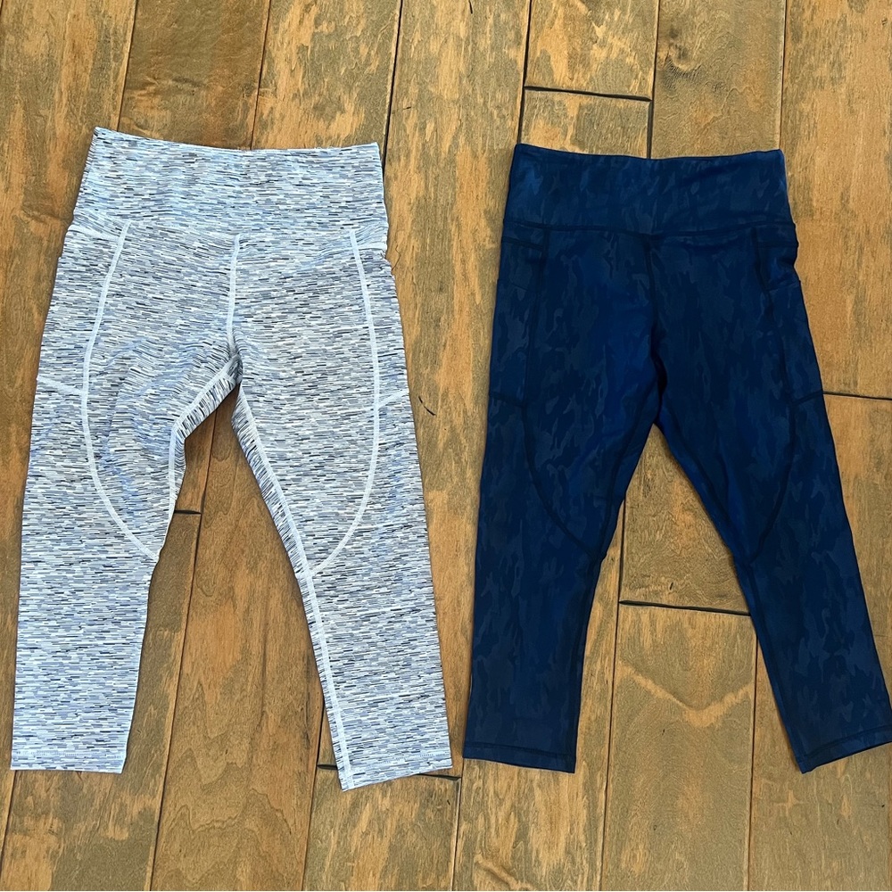 2 pair ZYIA crop leggings size 6-8 gray stripe and blue camo 21” inseam